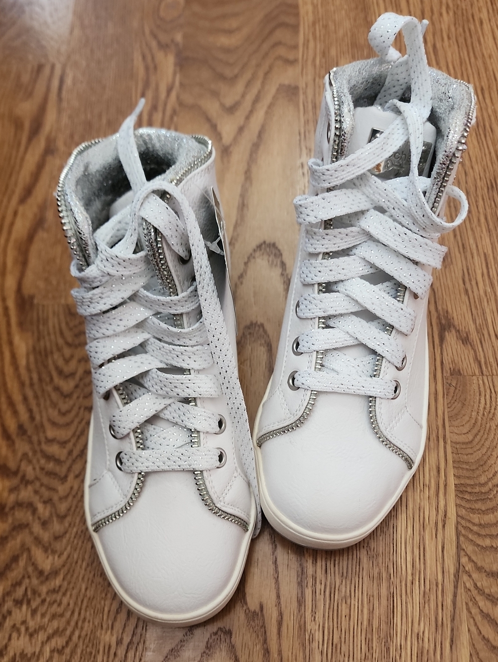 NIB Skechers Girls Shoutouts Zipper Fancy High Top Sneakers White Silver Size 3 - Picture 4 of 11